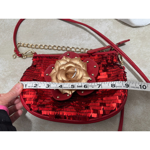 Sharif Red Purse Handbag Sequins Rose Top Chain Handle Cross Body Shoulder Strap - Picture 3 of 14